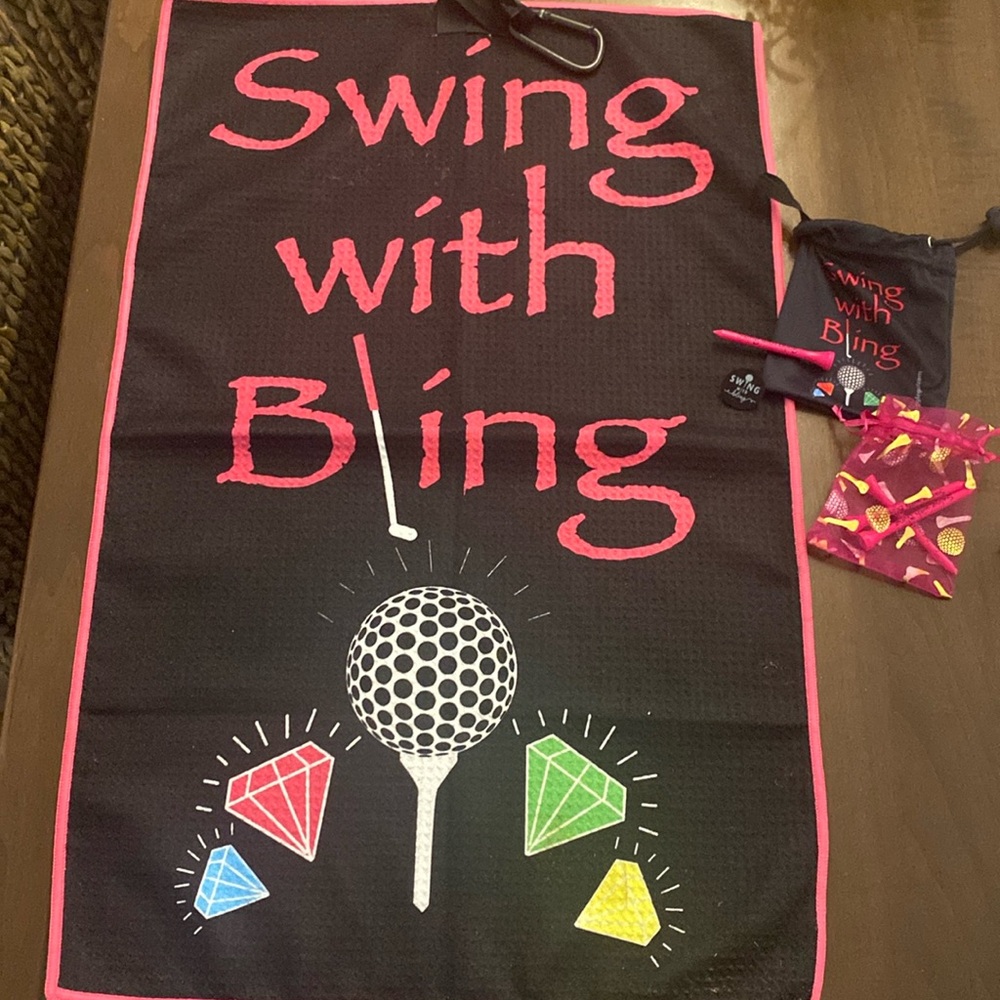 Ladies Golf Towel with Hook, 4 Tees and 1 Ball Marker.  SWING WITH BLING style.